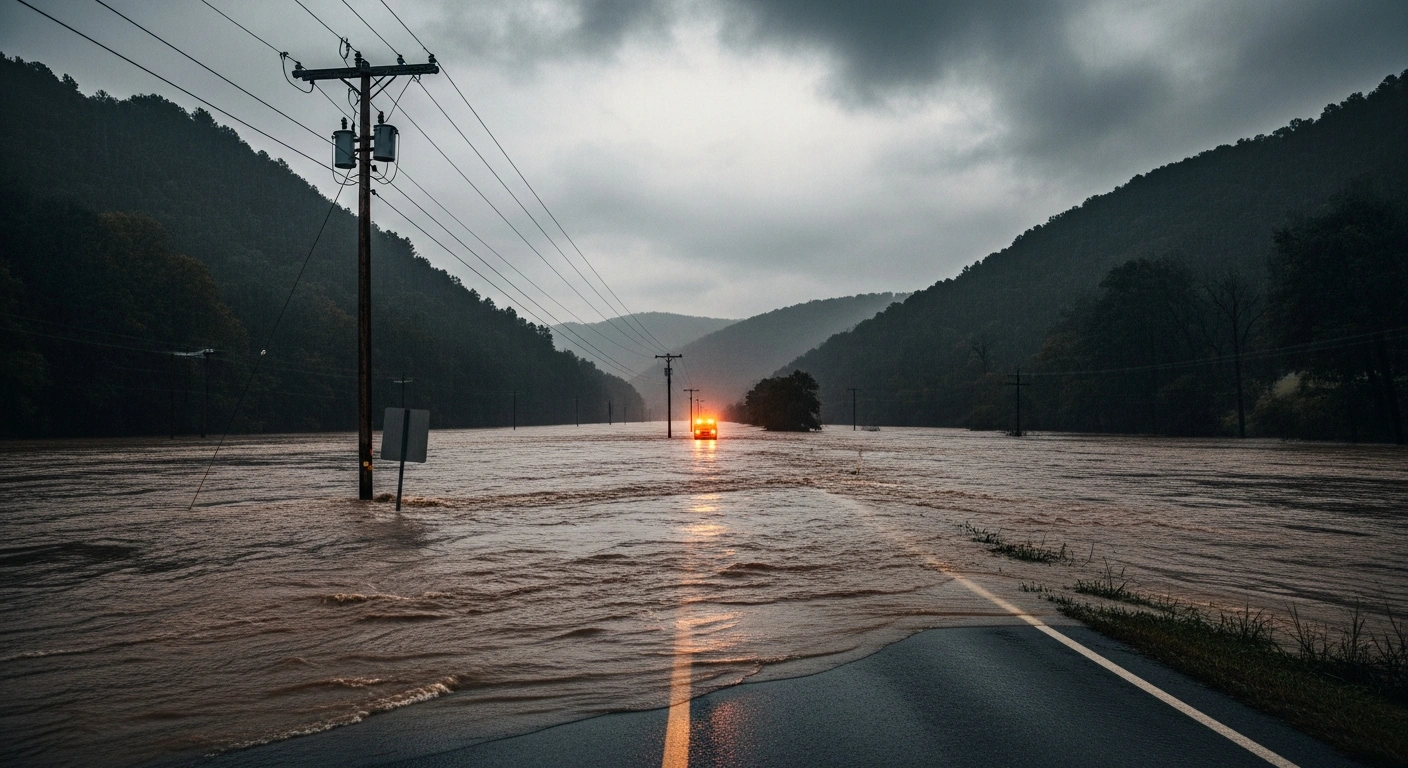 A flooded rural road in West Virginia is surrounded by rising floodwaters following a state of emergency declaration due to severe thunderstorms.