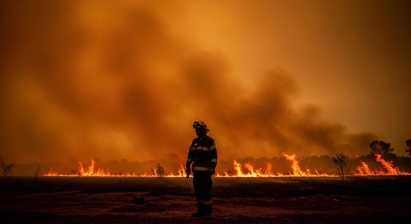 A lone firefighter, wearing protective gear, stands silhouetted against a massive, raging bushfire in Western Australia, with a smoky orange sky and parched earth, illustrating the severe bushfire threat and extreme heatwave conditions challenging emergency services.