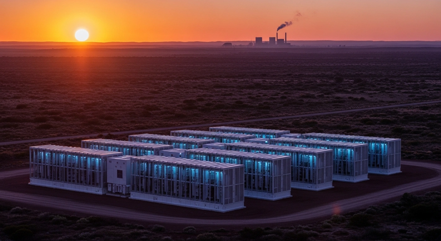 A modern long-duration energy storage facility, subtly glowing with blue light, is positioned in the foreground of a vast, sun-drenched Western Australian landscape at dusk, with a dormant traditional power plant in the distant background, representing the state's Clean Energy Innovation Grants bolstering renewable energy transition and grid stability.