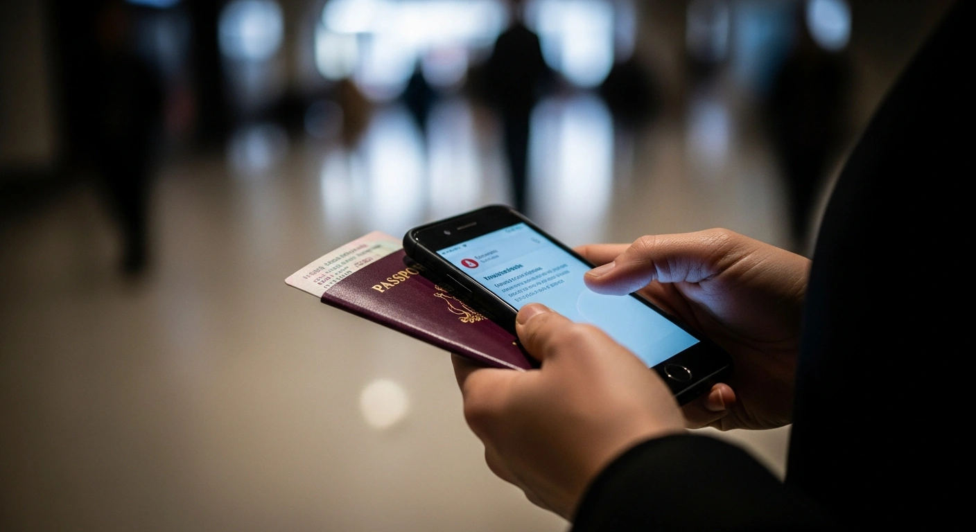 A close-up of a person's hand holding a passport and a mobile phone displaying a generic health alert icon, symbolizing the Western Australia Health measles alert issued after a returned traveller from Bali.