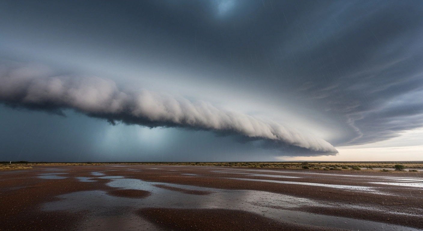 A heavy rainstorm from a massive cloudband system floods a rural landscape in Western Australia during a record-breaking June weather event.