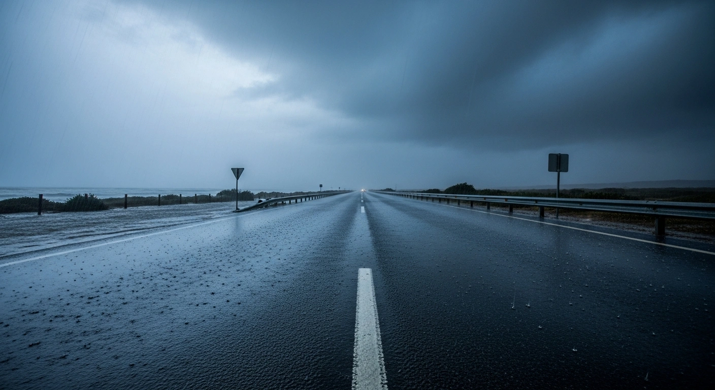 A flooded coastal road in the Western Cape experiences heavy rainfall during a severe weather event.
