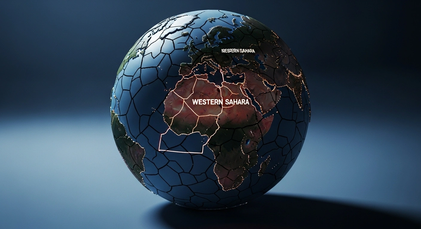 A stylized, fractured globe, with the Western Sahara region subtly highlighted and overshadowed by a dark, imposing shadow, visually representing the Sahrawi Government's condemnation of Morocco's stance on Western Sahara as a 'rebellion against international legitimacy' and disregard for UN principles.