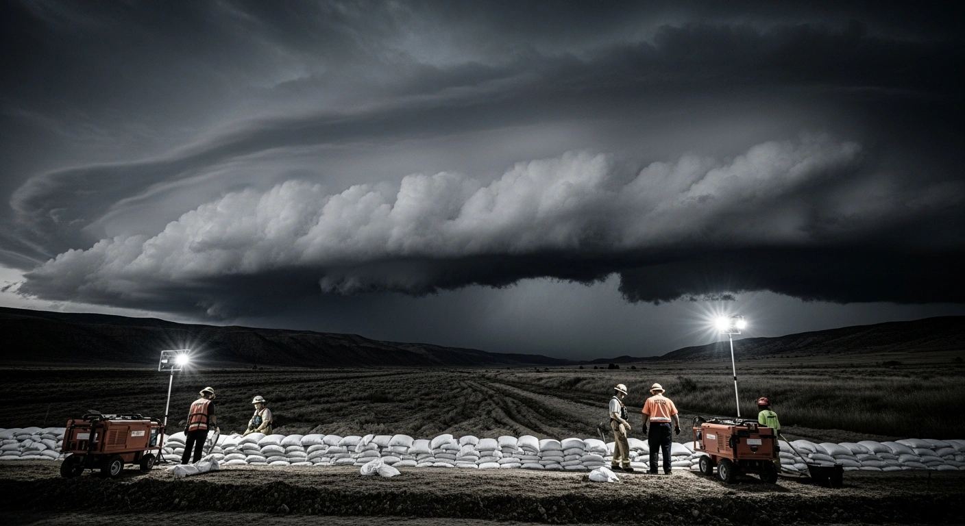 Emergency crews work to reinforce flood defenses in the Western United States in preparation for an intense El Niño storm event.