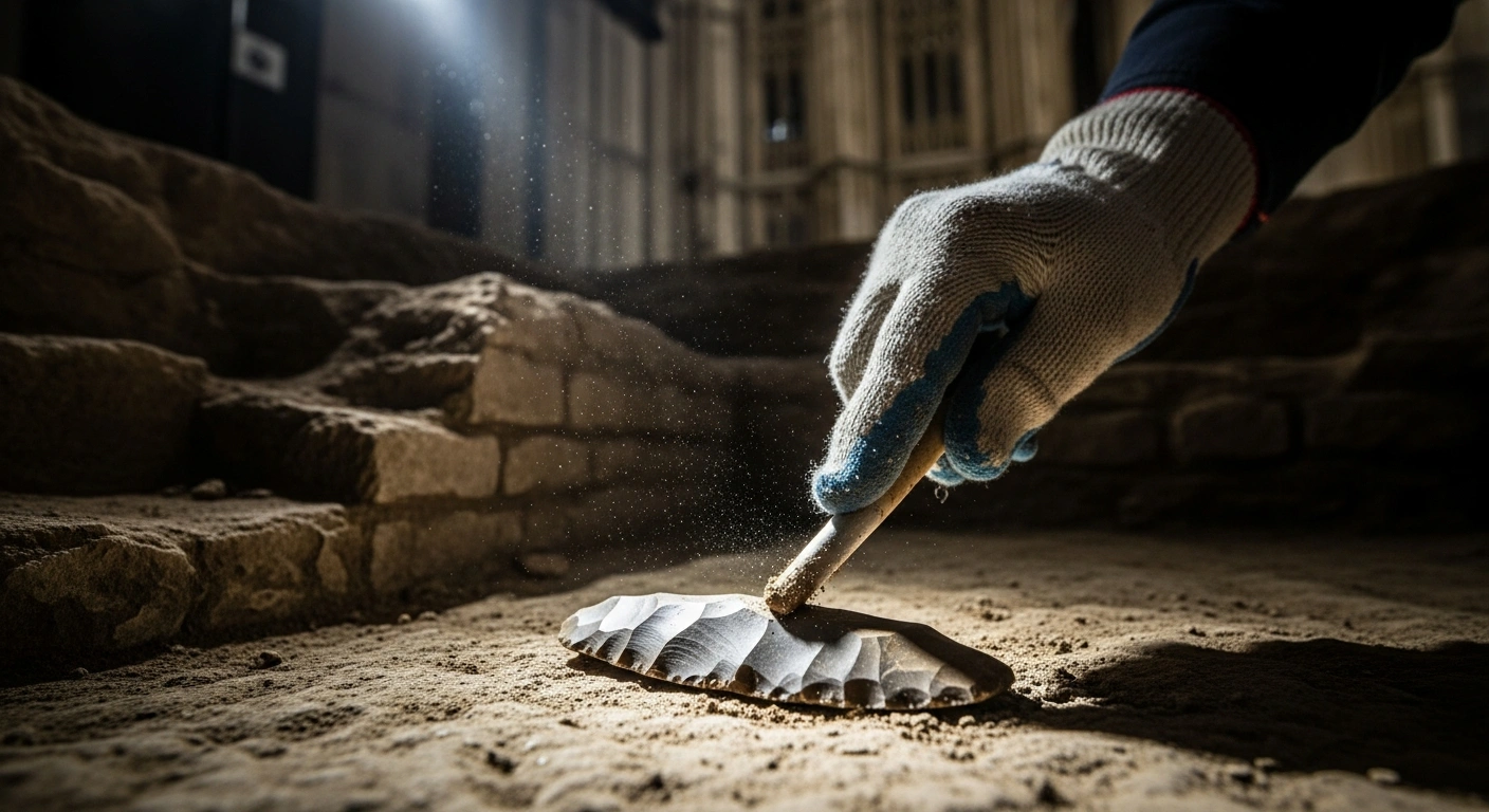 A gloved archaeologist's hand carefully unearths a 6,000-year-old flint tool from soil, with the ancient foundations of a medieval hall and the modern Palace of Westminster visible in the background, symbolizing the discovery of artifacts beneath London.