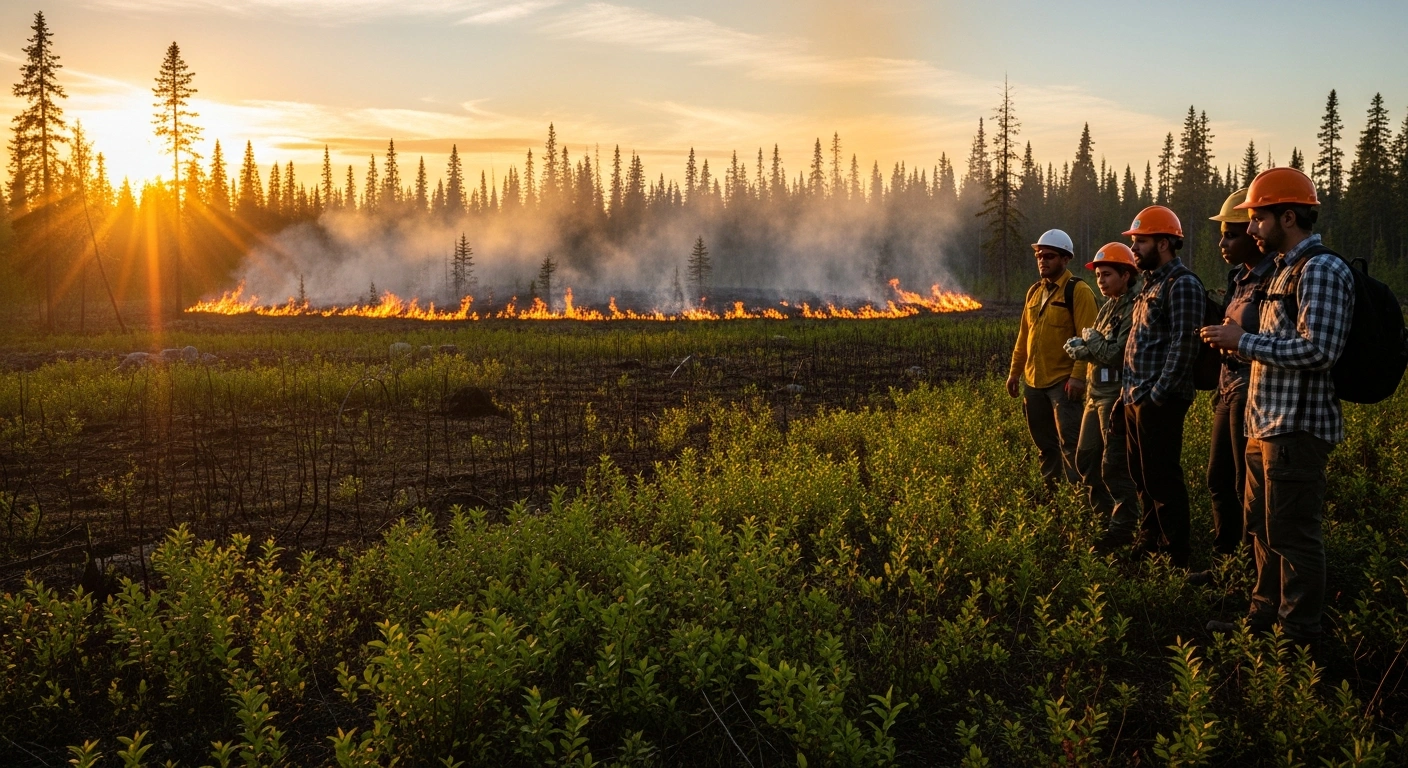 A group of trainees in protective gear observes a controlled prescribed fire burning gently across a Canadian forest floor at sunset, symbolizing the Weston Family Foundation and UBC Okanagan's new $8 million Canadian Prescribed Fire Training Program aimed at enhancing biodiversity and resilience.