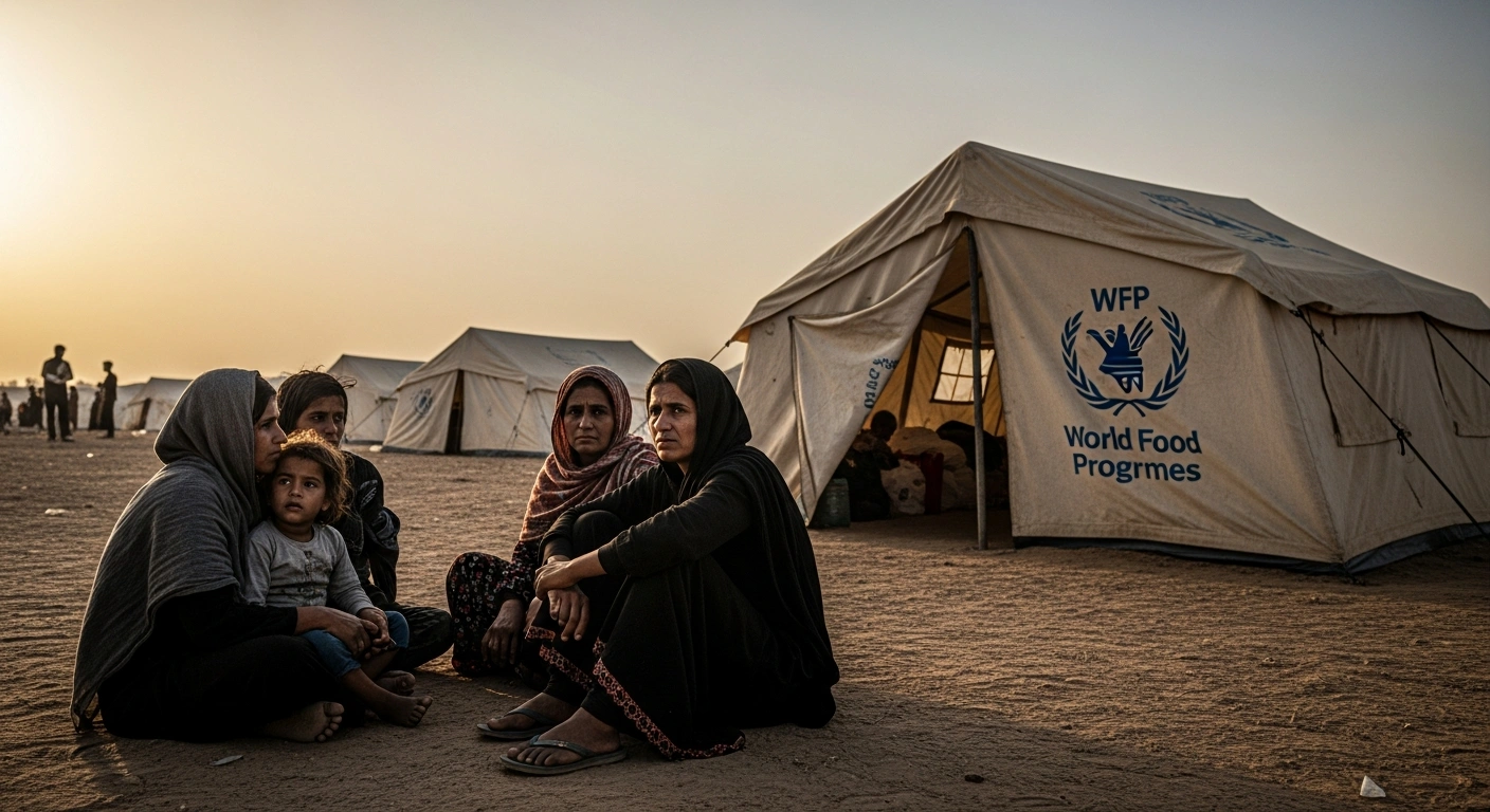 A somber scene shows a mother and child near a partially empty World Food Programme aid tent, illustrating the severe funding crisis in Egypt that has reduced cash assistance for 250,000 refugees and crisis-affected individuals.