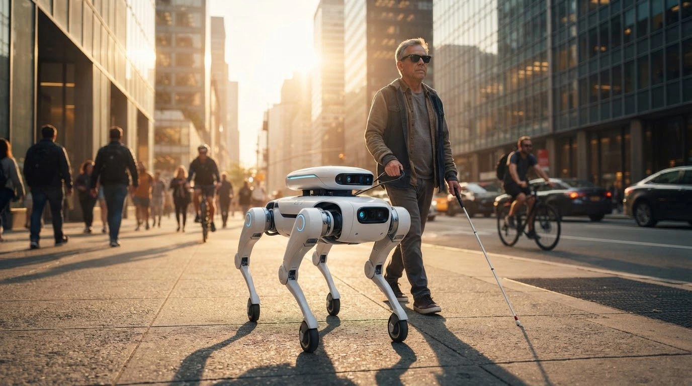 A wheeled-legged guide robot assists a visually impaired person while navigating a busy city sidewalk.