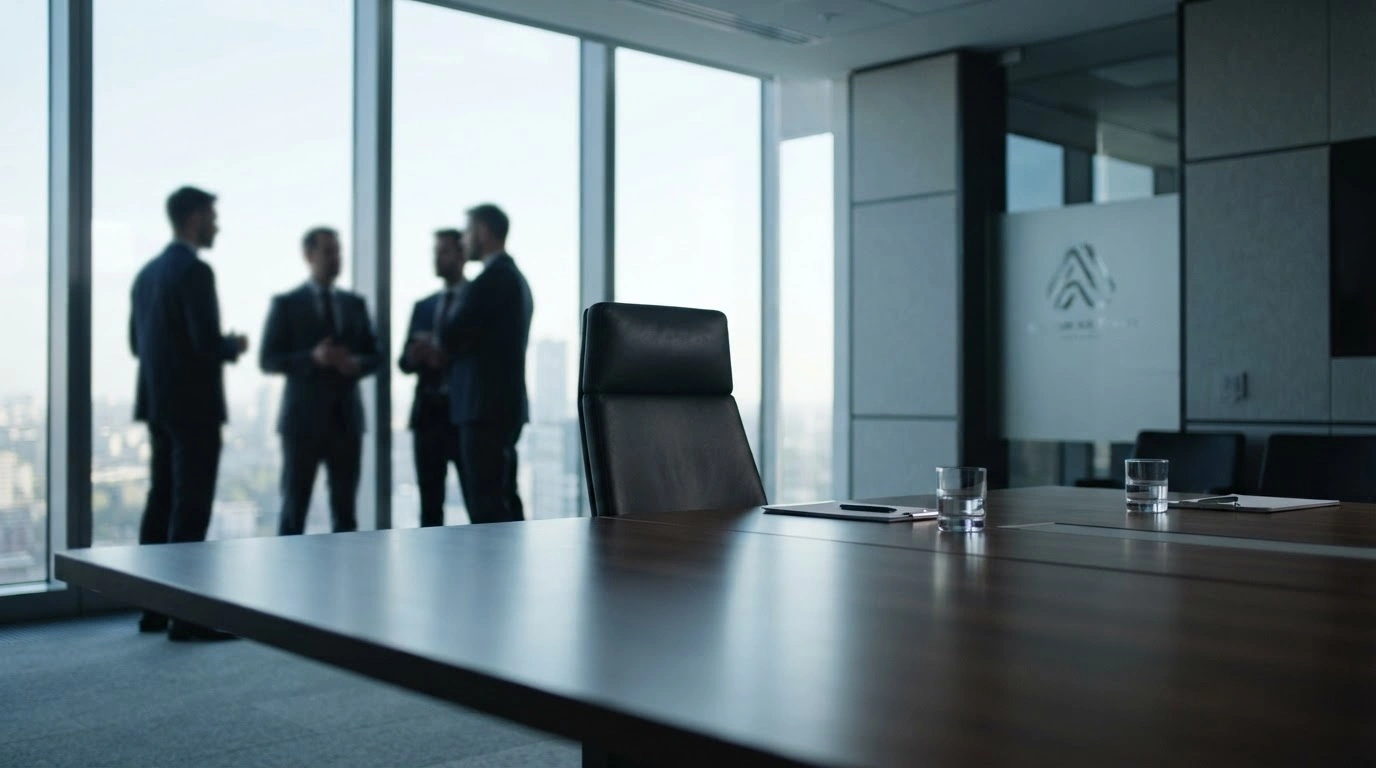 A modern boardroom table with an empty chair represents the corporate governance dispute between Whitbread PLC and activist investor Corvex Management.