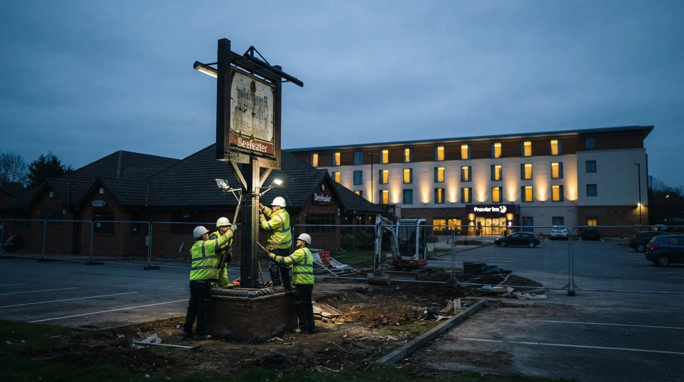 Construction workers dismantle a restaurant sign as part of a Whitbread restructuring plan to convert dining sites into Premier Inn hotels.