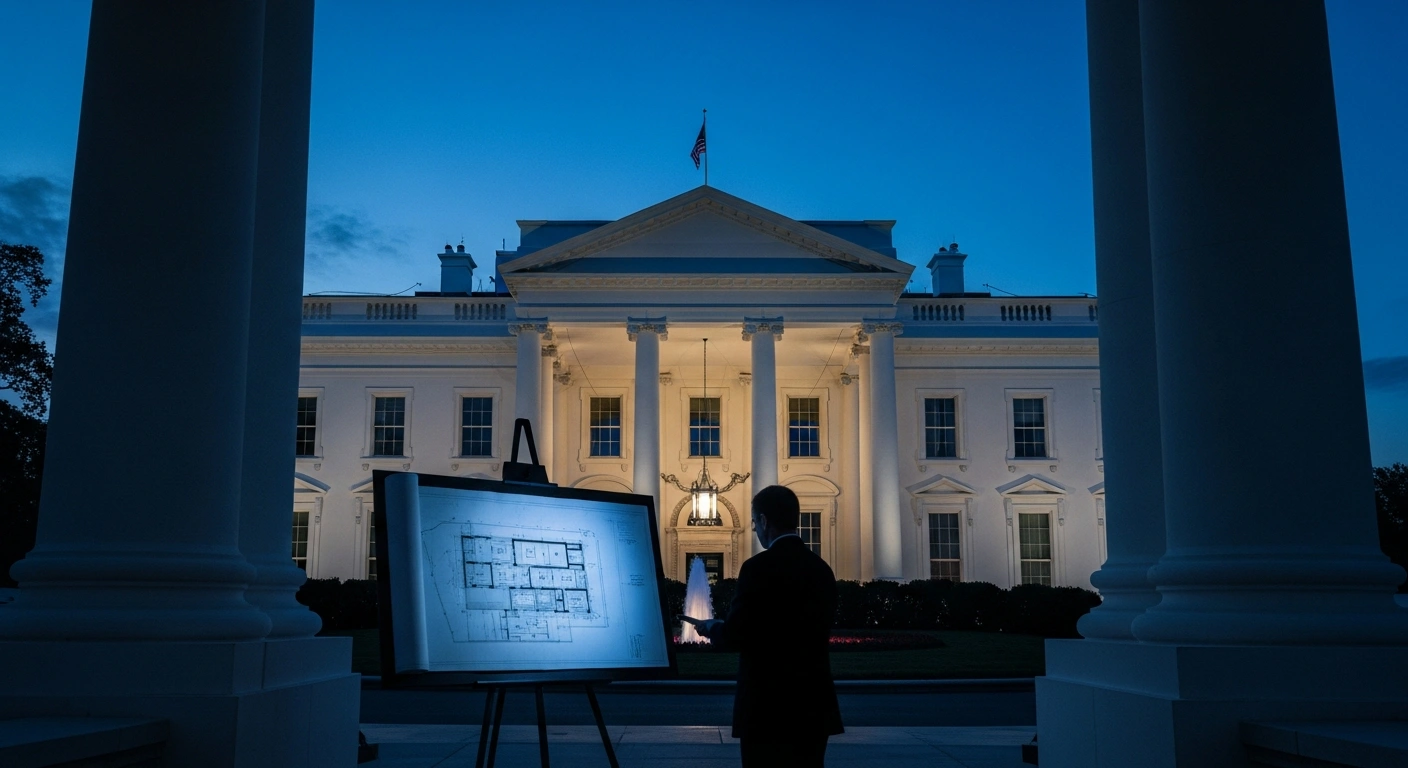 A concerned citizen reviews architectural blueprints for a proposed ballroom addition in front of the White House at twilight.