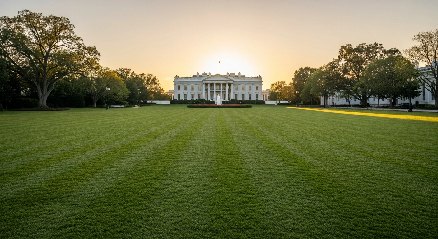 The empty White House South Lawn is shown in a wide shot, confirming that no UFC arena construction is taking place for Donald Trump's birthday.