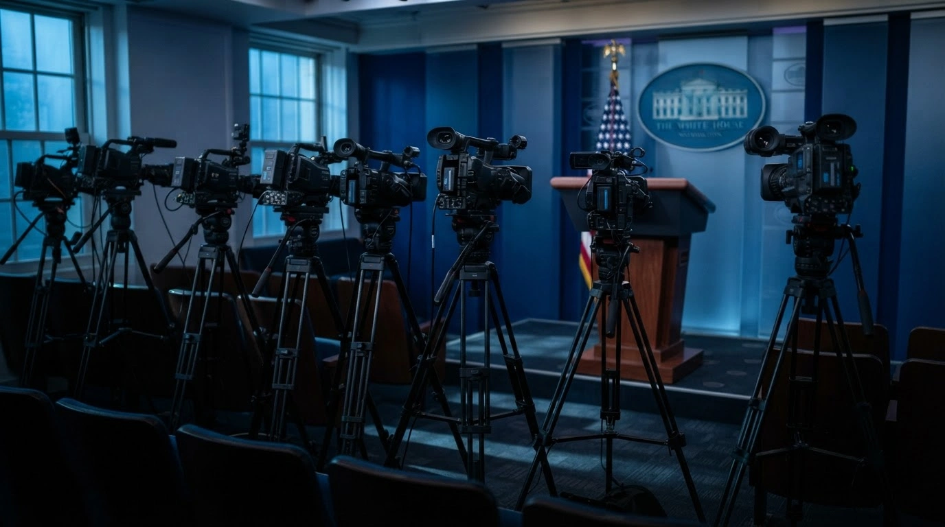 Empty camera tripods stand in the White House briefing room as major news organizations suspend their participation in the press pool.
