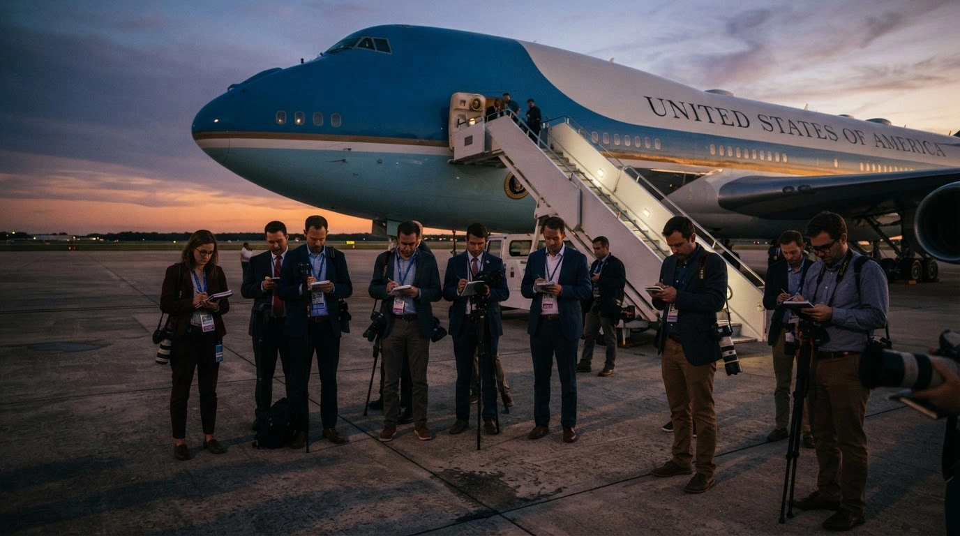 A group of journalists stands near the Air Force One aircraft on a tarmac as the White House adjusts the composition of the traveling press pool.