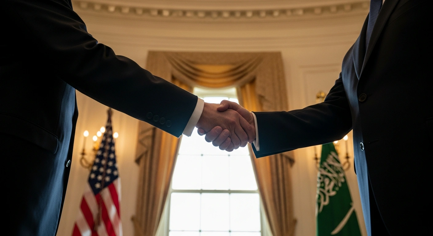 An American official and Saudi Crown Prince Mohammed bin Salman shake hands in the White House during a visit to strengthen economic and defense ties.
