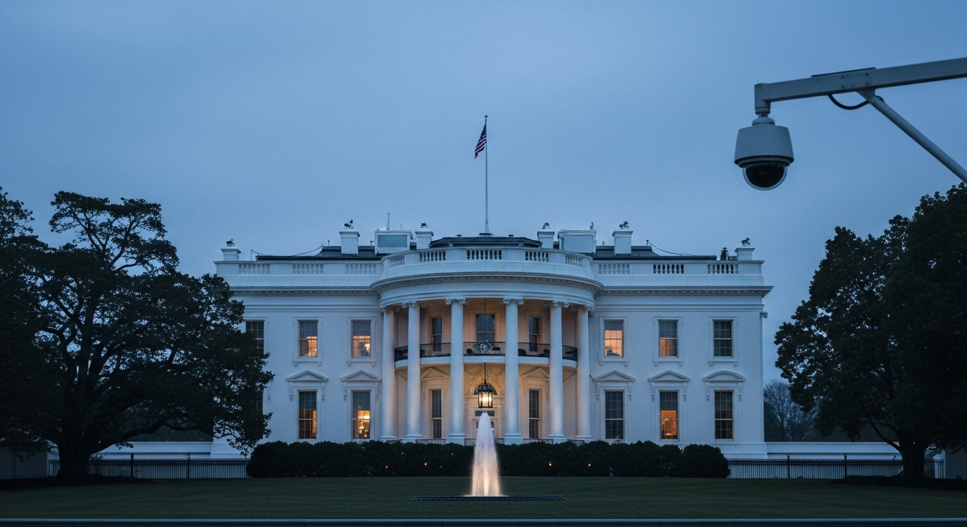 The White House stands peacefully at dusk, representing the standard security protocols maintained by federal authorities following the debunking of false threats.