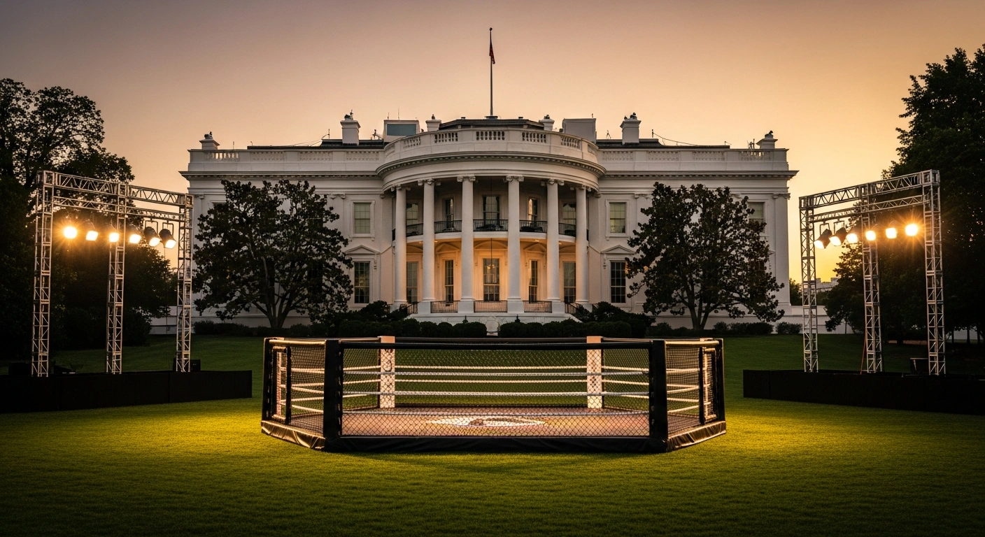 A professional UFC octagon is set up on the South Lawn of the White House as part of the United States 250th anniversary celebration.