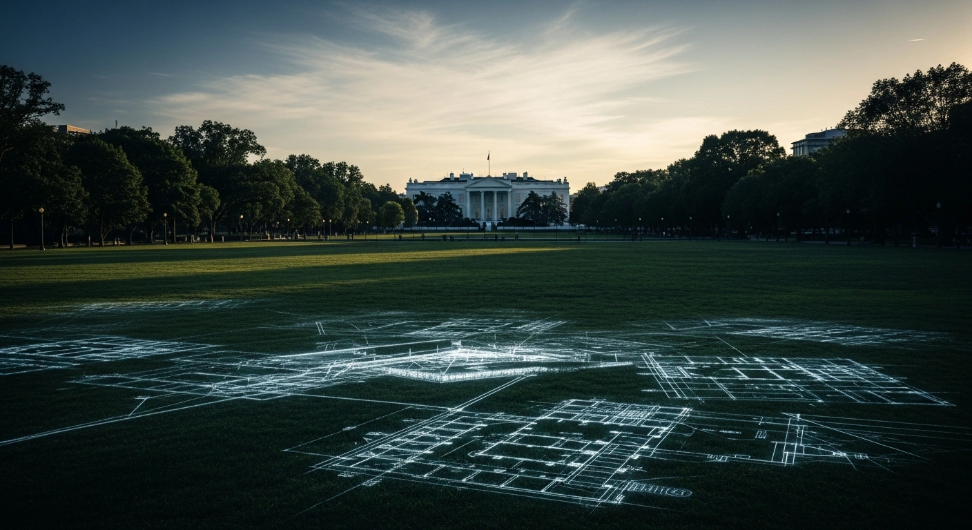 An architectural visualization shows the proposed underground security screening facility located beneath the grounds of Sherman Park near the White House.