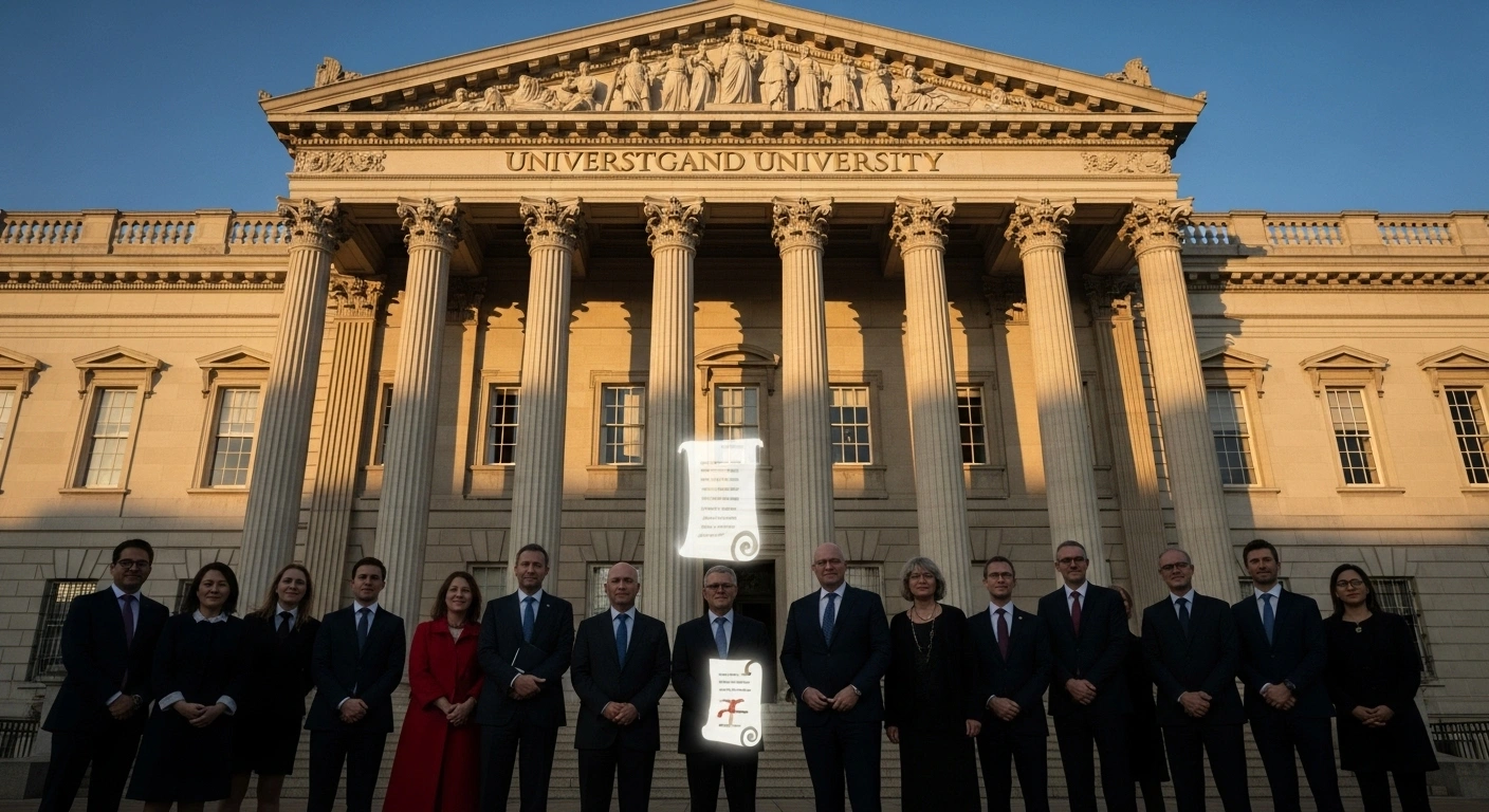 A diverse group of academic leaders stands contemplatively before an imposing neoclassical building, representing the White House, with a symbolically illuminated compact, as nine prominent U.S. universities are invited to sign an agreement for preferential federal grants in exchange for adherence to policy priorities including tuition freezes, admissions reforms, and ideological diversity.