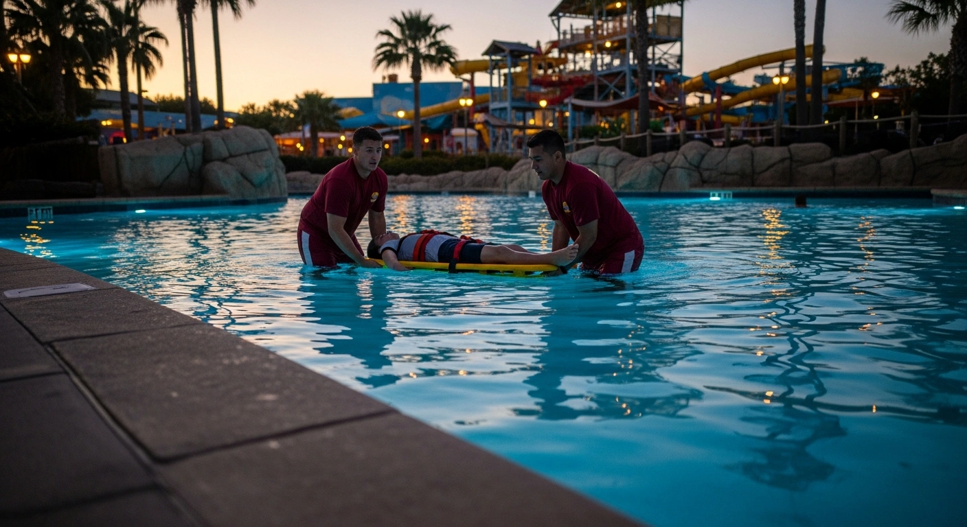 Two lifeguards carefully lift a motionless man onto a stretcher at the edge of the blue-lit 'Cave of Waves' pool at WhiteWater World theme park, following a near-drowning incident.