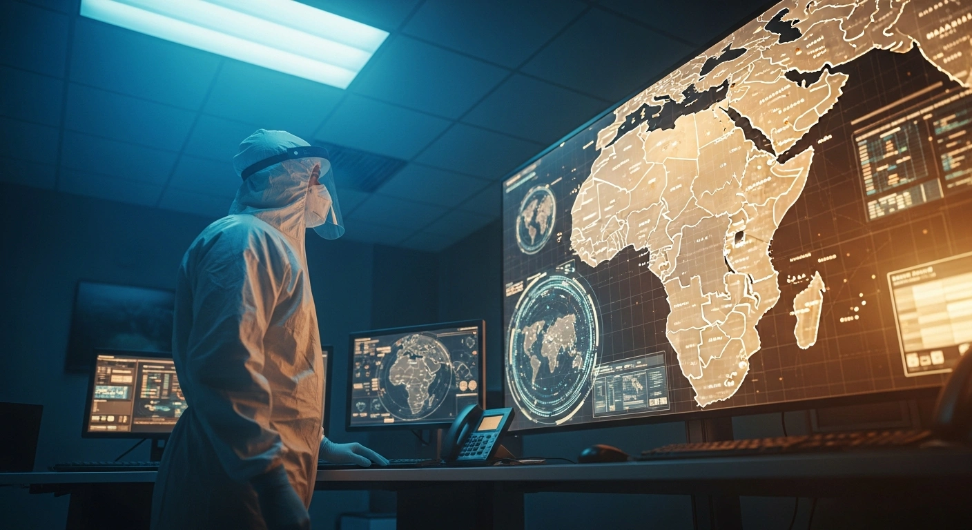 A medical professional monitors a digital map of East Africa in a command center following the WHO declaration of an Ebola public health emergency.
