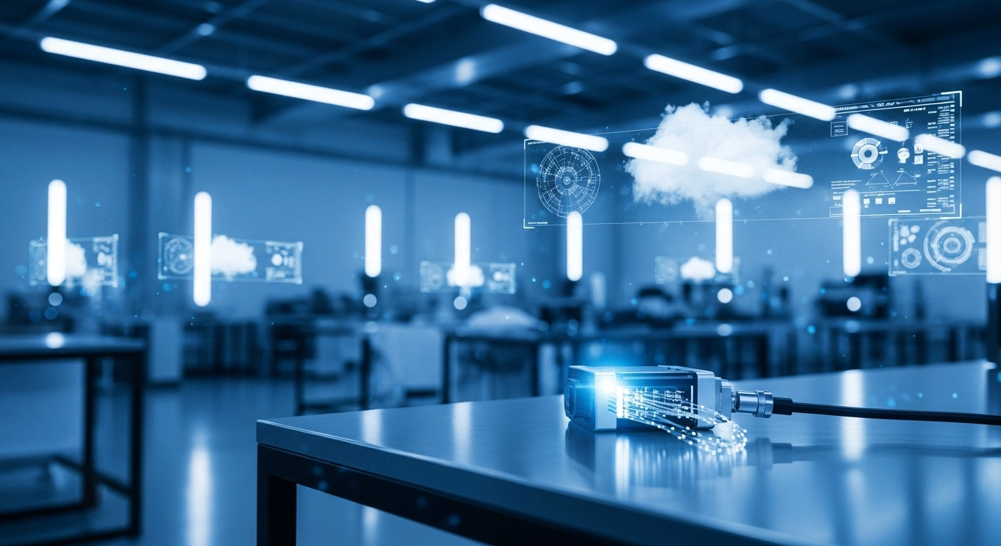 A high-tech smart sensor sits on a workbench at the WIKA headquarters in Germany during an industrial IoT and AIoT conference.