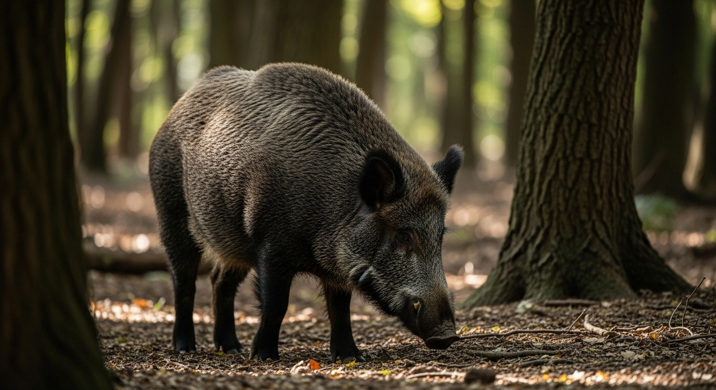 A wild boar with dark bristly fur sniffs the forest floor in a sun-dappled Catalan forest, symbolizing the natural origin of the African Swine Fever virus found in wild boars, which genetic analysis confirmed does not match laboratory strains, ruling out a lab leak.