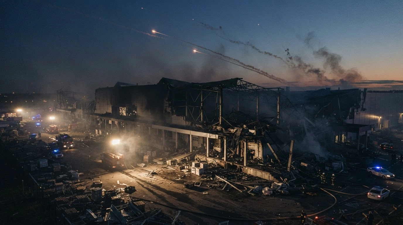 A damaged Wildberries warehouse in the Moscow region stands under a twilight sky following a large-scale drone attack.
