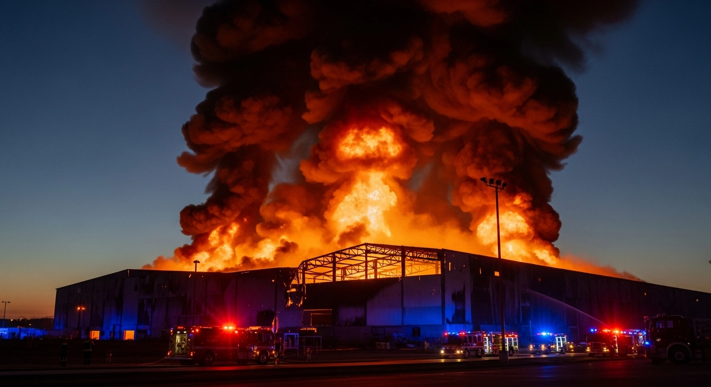 A massive fire burns at a Wildberries warehouse in the Tambov Region following reports of a drone attack.