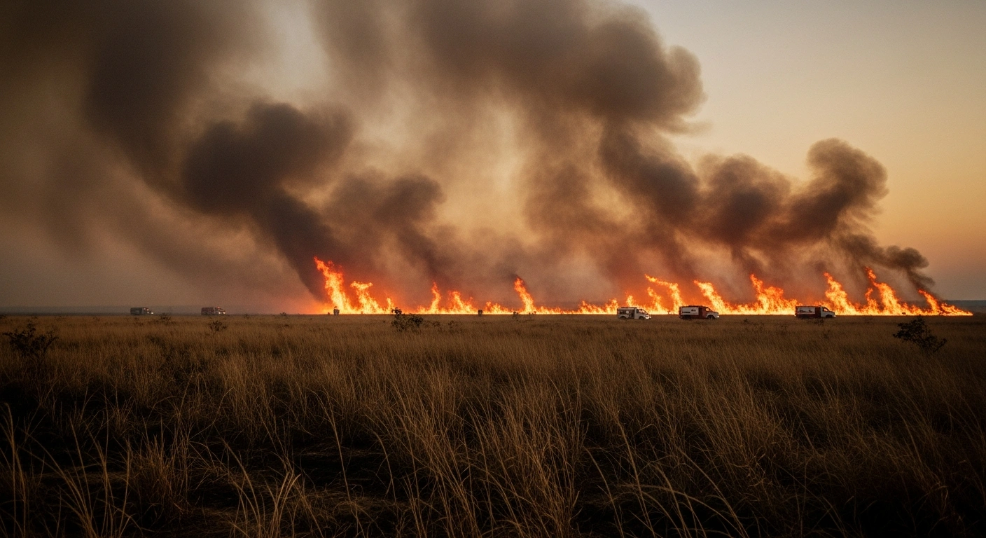 A large wildfire burns through dry vegetation in Santo Antônio do Leste, Mato Grosso, as emergency teams work to contain the blaze.