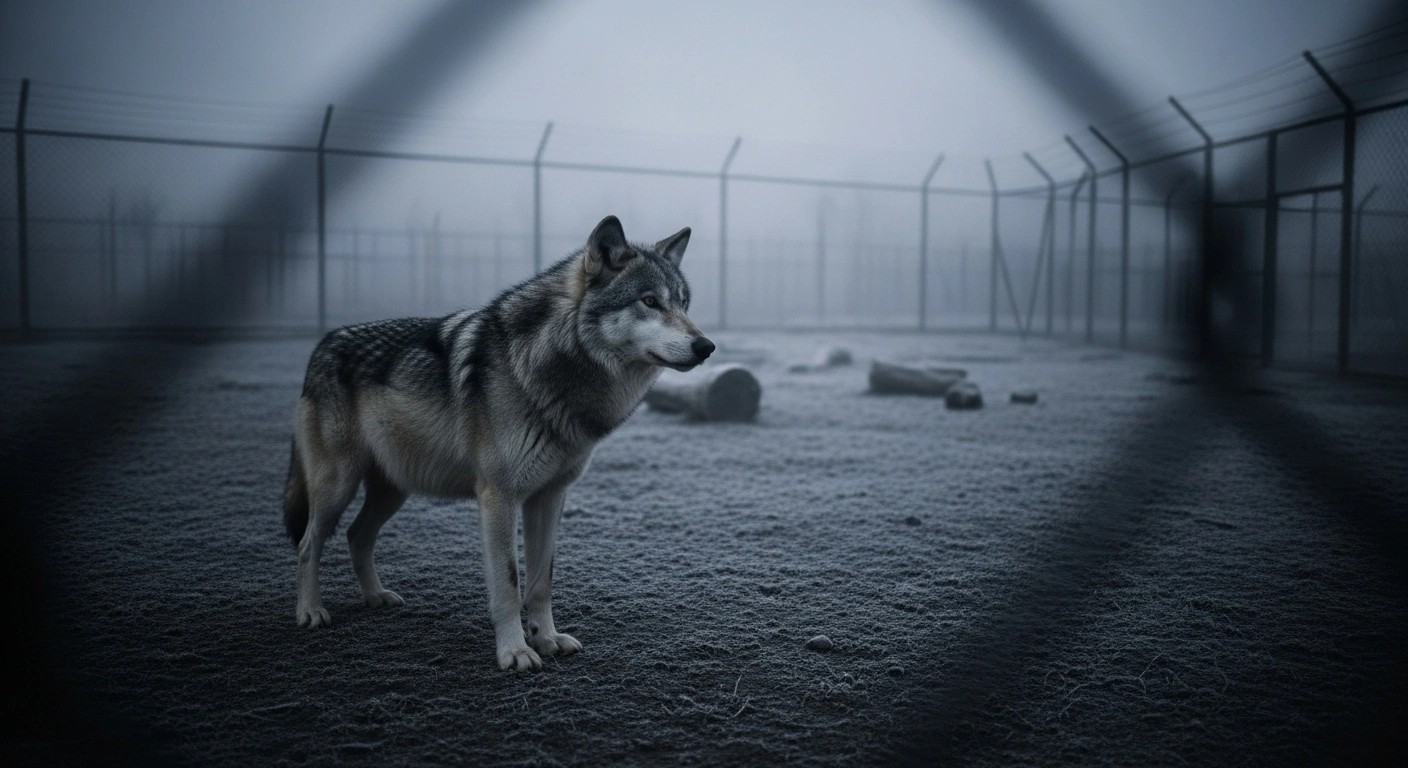 A solitary grey wolf stands in a misty, desolate enclosure at a wildlife park following the loss of its pack due to internal conflict.