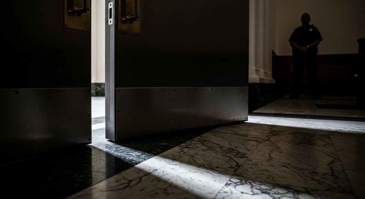 A dramatic view of a courtroom door representing the federal sentencing of a Will County man for interstate child exploitation.
