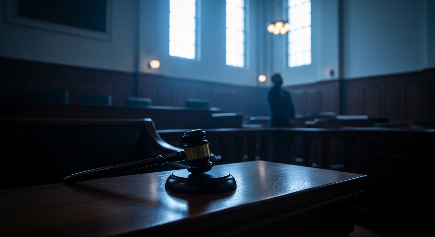 A courtroom scene featuring a wooden gavel on a bench, representing the sentencing of a Wilmington man for a fatal high-speed collision.