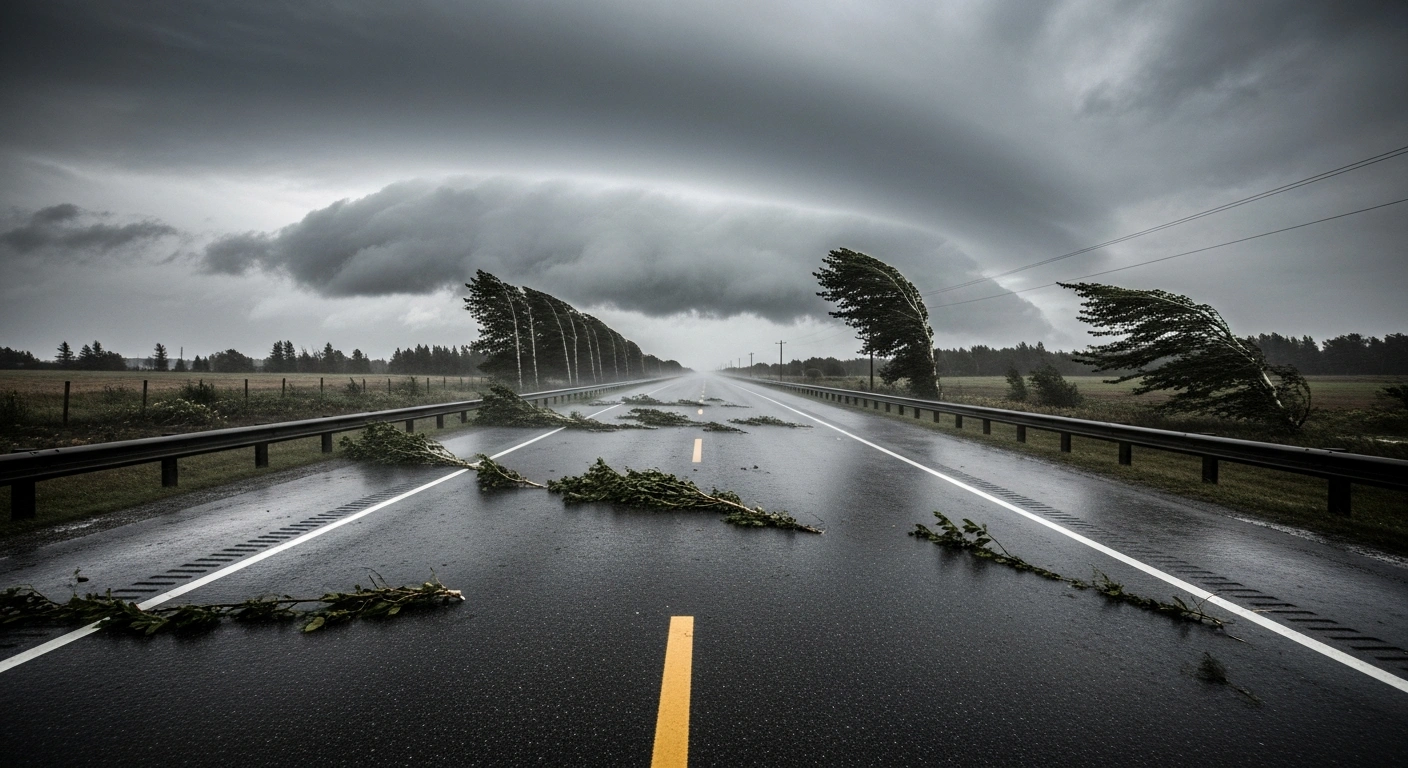 A stormy landscape shows wind-whipped trees and a deserted road during a severe weather event in the Windsor-Essex region.