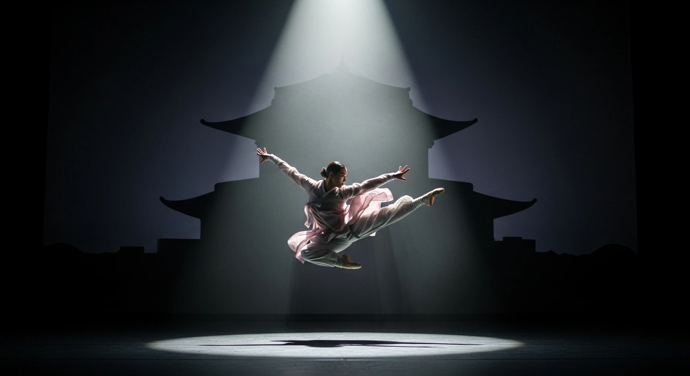 A performer from the Shenzhen Opera and Dance Theater executes a martial arts inspired dance move during a cultural exchange performance in Seoul.