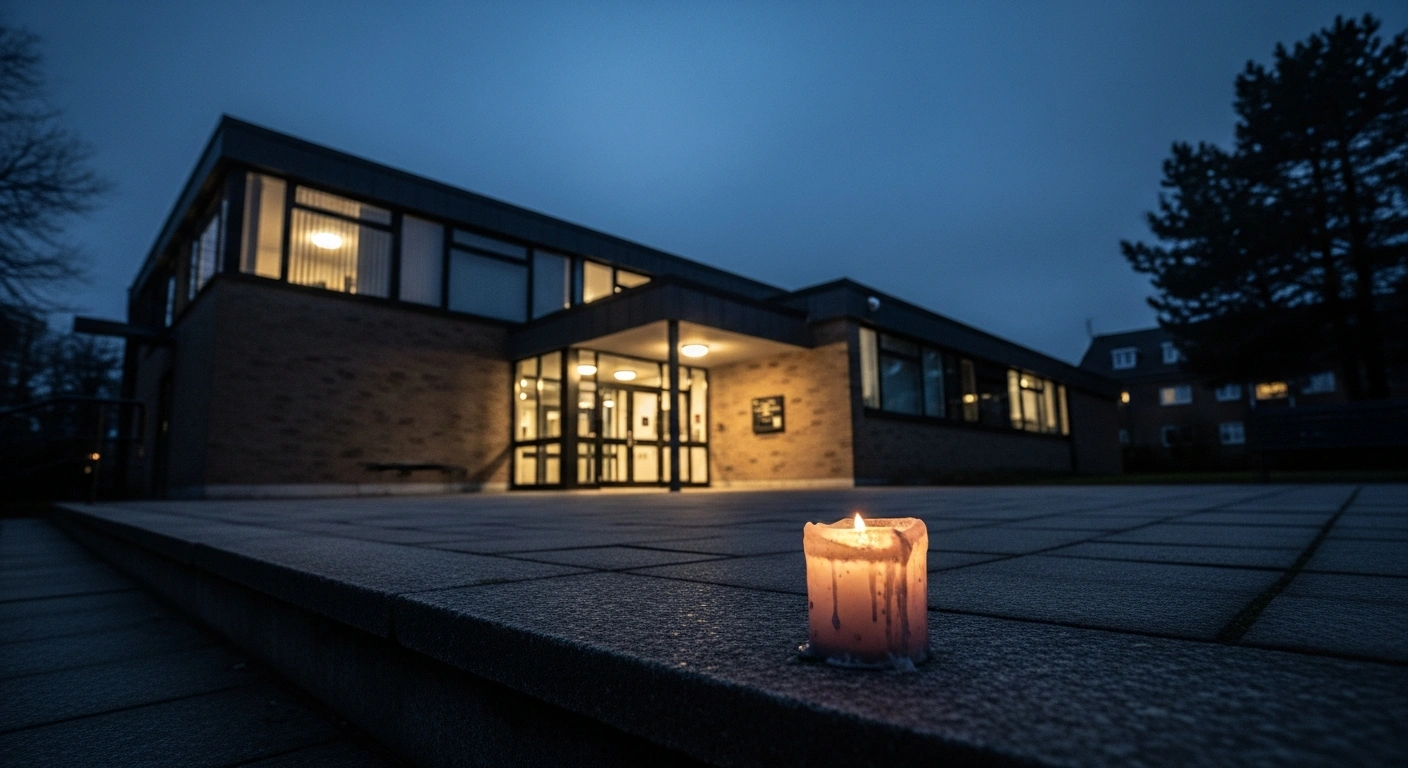 A flickering candle sits on the steps of the Rahma Islamic Centre in Winnipeg following a shooting incident as authorities investigate the scene.