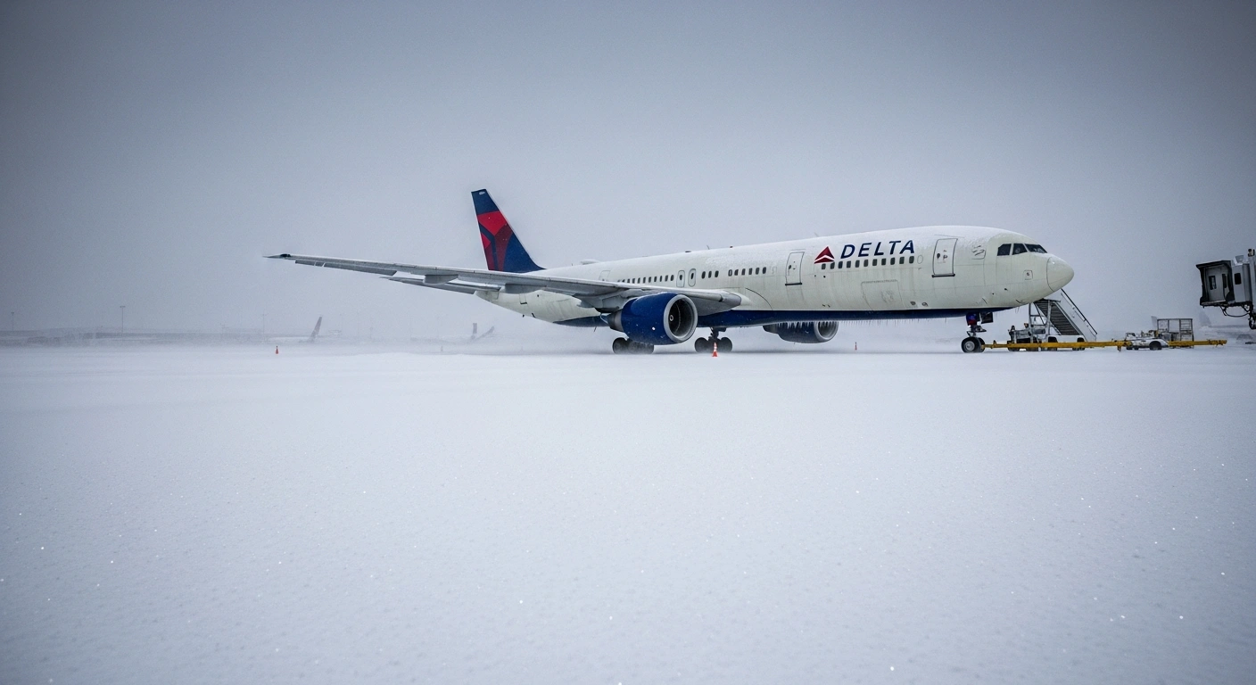 A deserted airport tarmac is covered in heavy snow and ice, with a large passenger jet, likely a Delta Air Lines plane, grounded and encrusted with ice, illustrating the widespread flight cancellations and hazardous travel conditions caused by Winter Storm Fern across the United States.