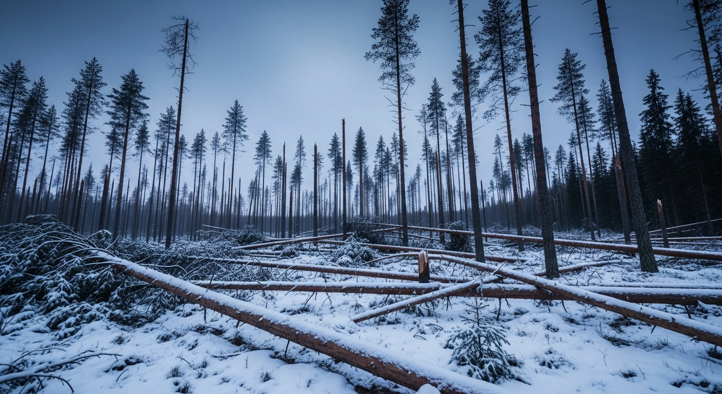 A wide, low-angle shot captures a desolate, snow-covered Swedish forest at dawn, where numerous colossal pine trees lie snapped and strewn across the landscape, illustrating the extensive forest damage caused by Winter Storm Johannes, which also led to power outages and travel disruptions in Sweden.