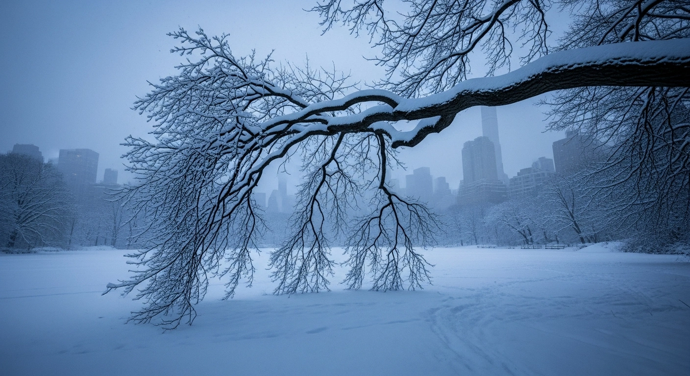 A desolate, snow-covered Central Park in New York City at dawn, with deep snow blanketing trees and a muted skyline in the distance, illustrating the record-breaking snowfall from Winter Storm Fern on January 25, 2026, which caused widespread disruptions and fatalities.