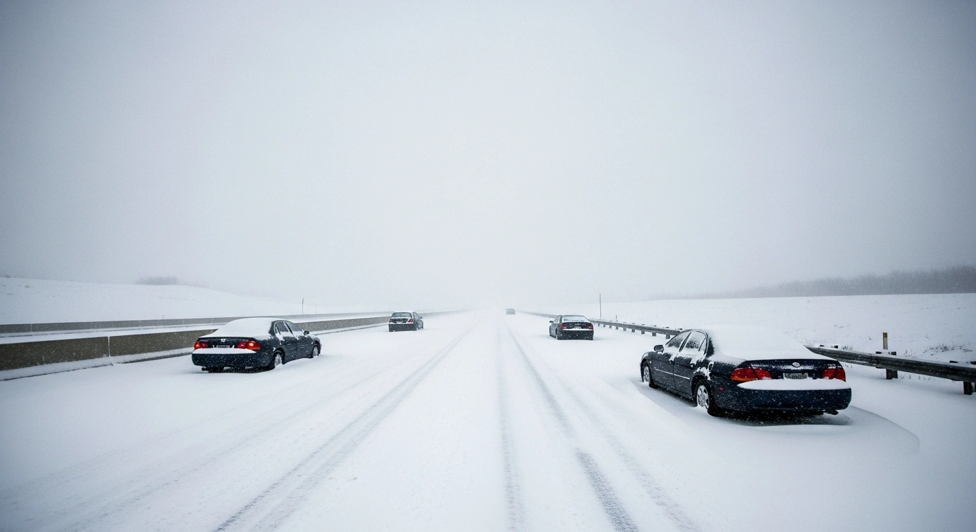 A desolate, snow-covered interstate highway is seen with several abandoned cars caked in thick snow and ice under a heavy, overcast sky, depicting the widespread travel disruptions from a powerful winter storm in the Northeast and Great Lakes regions during late December 2025.
