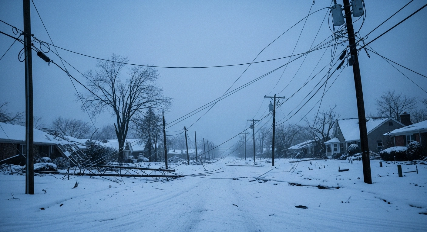A wide, low-angle shot of a snow-covered suburban street at dawn, showing sagging power lines under heavy ice and a partially collapsed roof on a distant house, depicting widespread property damage and the aftermath of severe winter storms across the U.S. that caused billions in insured losses.