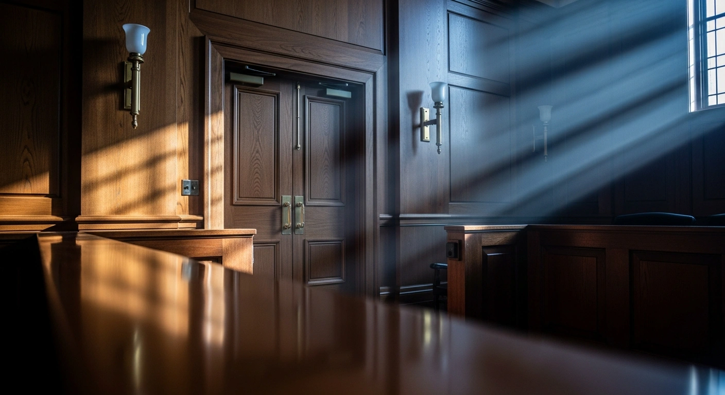 The interior of a Wisconsin courtroom where three individuals associated with the 2020 Trump campaign face felony forgery charges regarding unauthorized electors.