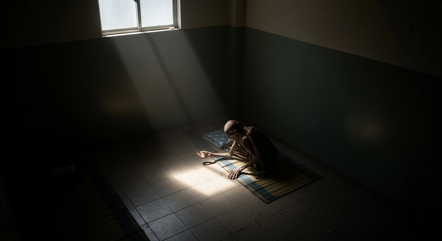 A gaunt, frail figure lies curled on a thin mat in a dimly lit, sterile room, with a single shaft of light highlighting an emaciated hand, representing the preventable death of Sri Lankan detainee Wishma Sandamali in a Japanese immigration facility due to medical neglect.