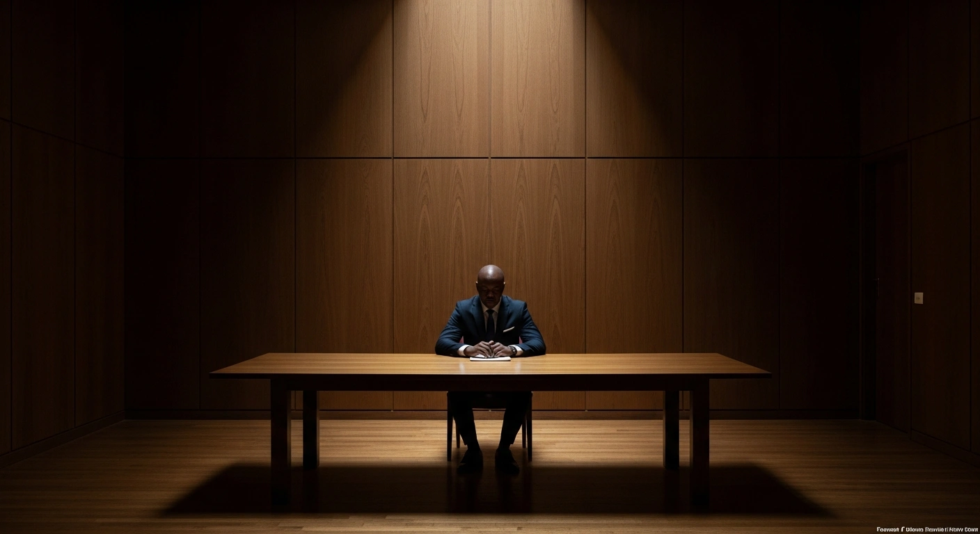 A solitary figure, representing a police officer implicated in the Madlanga Commission, sits at a polished table in a dimly lit, wood-paneled room, illuminated by a single beam of light, symbolizing the gravity of his decision to withdraw a court application and prepare for testimony in a corruption investigation.