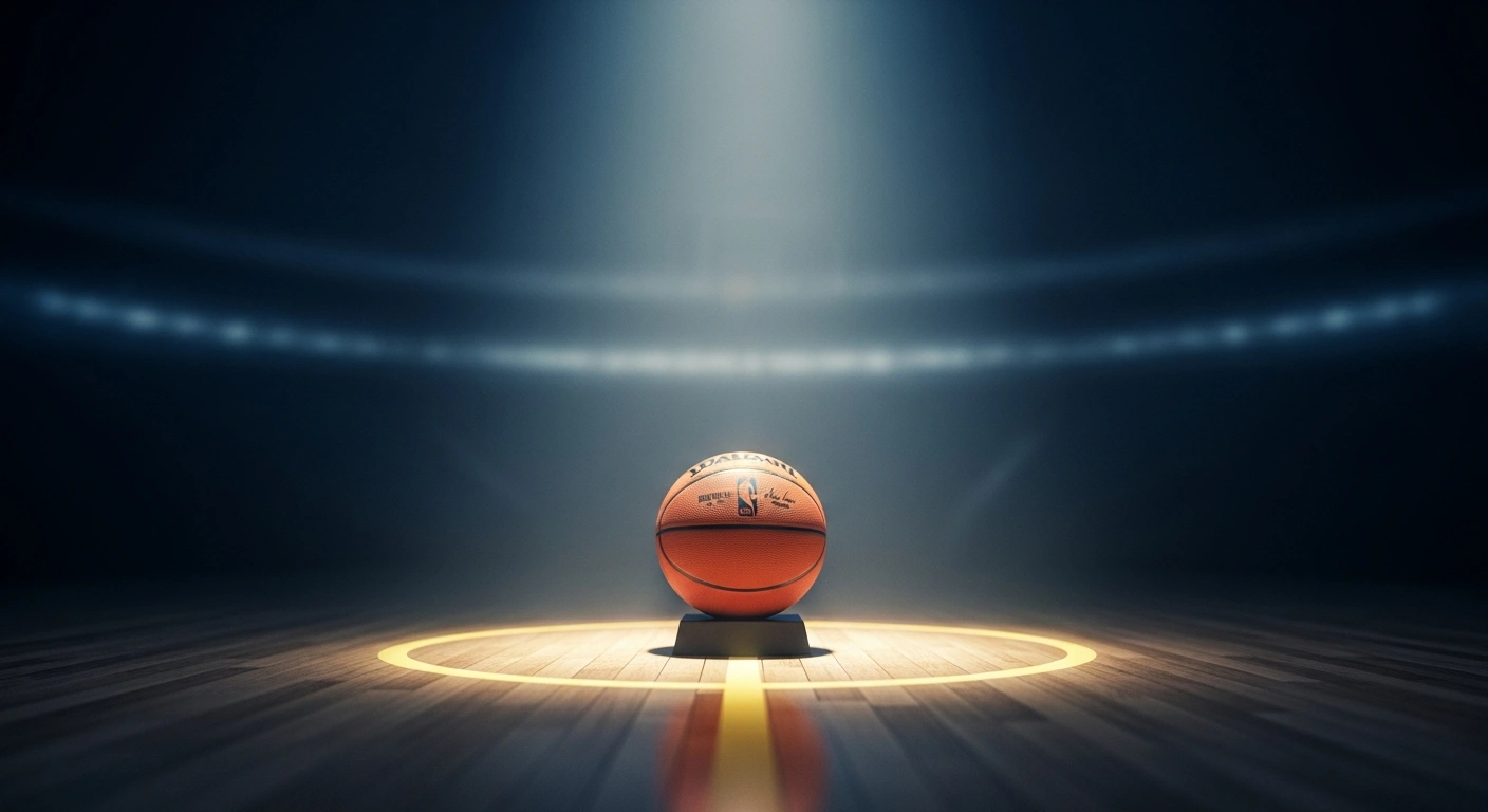 A professional basketball sits on a pedestal in the center of a dark, empty arena to represent the Washington Wizards winning the 2026 NBA Draft Lottery.