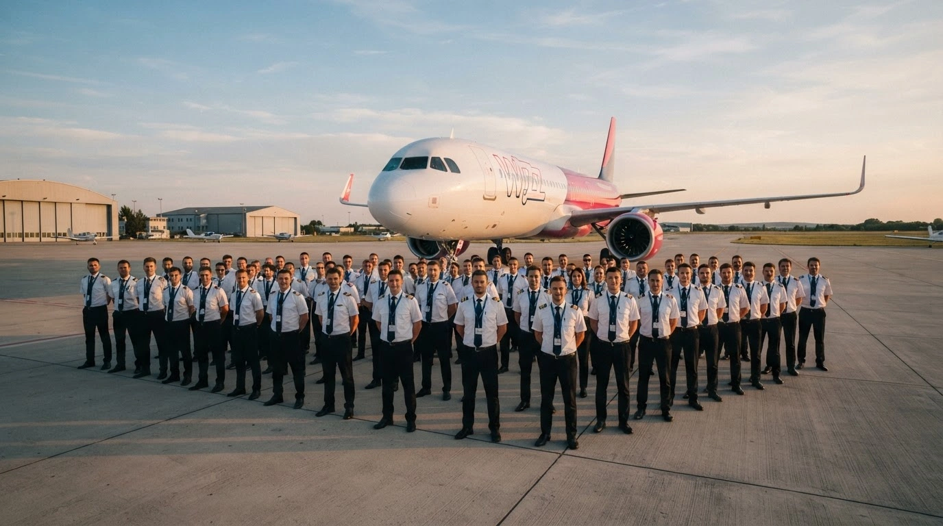 Fifty new cadets stand on a runway at the Trener Flight Academy in Hungary as part of the Wizz Air Pilot Academy program.