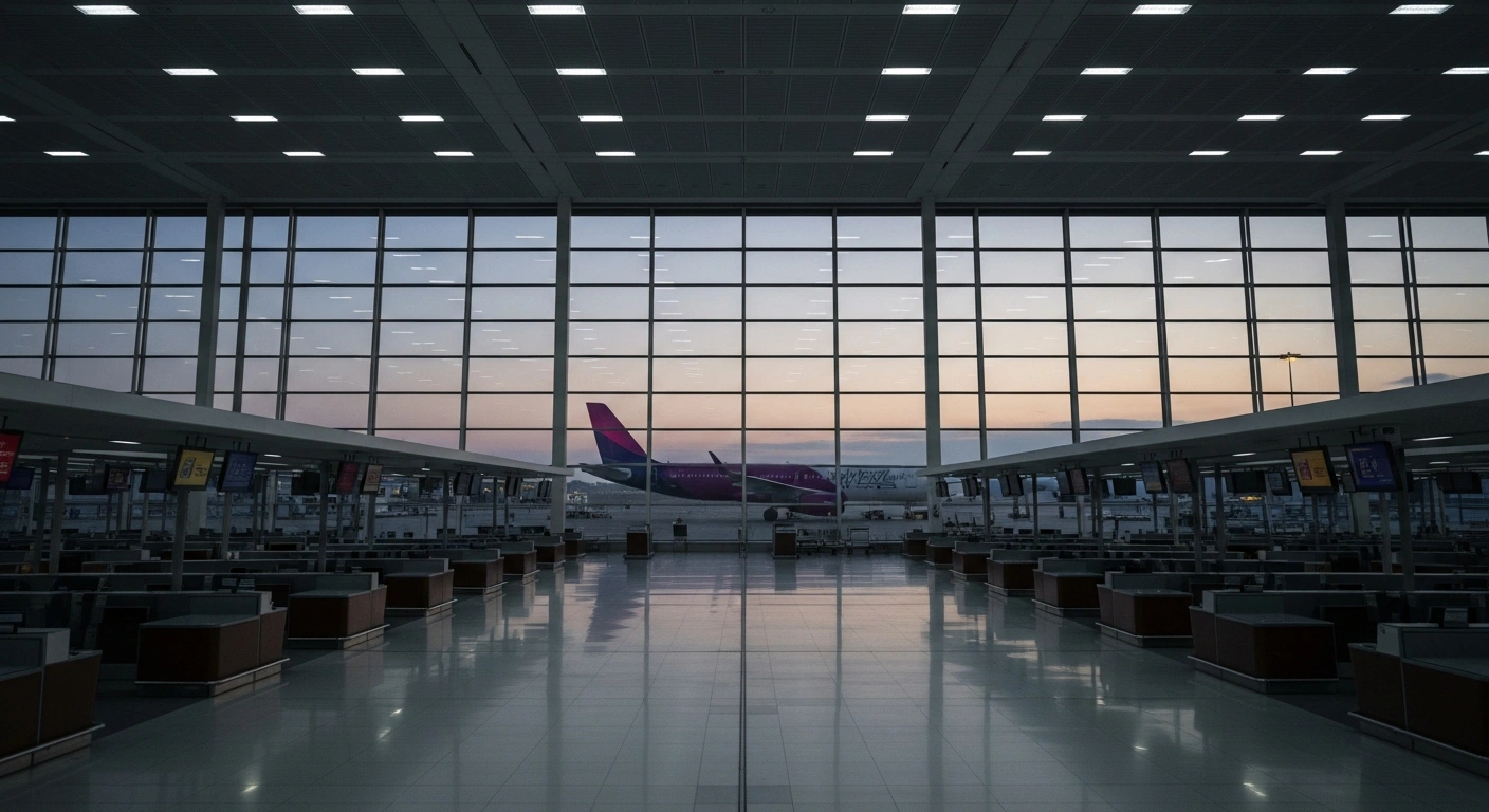 A wide, low-angle shot of a somber, almost deserted major airport terminal at dusk, with a Wizz Air aircraft visible on the tarmac through panoramic windows, symbolizing Wizz Air's flight reductions from UK airports due to escalating operational costs.