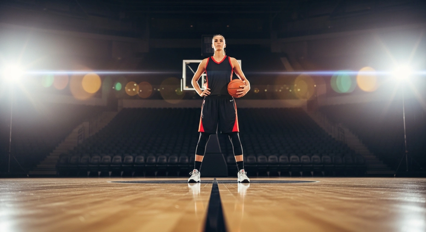 A professional female basketball player stands on a court as a symbol of the new collective bargaining agreement between the WNBA and the WNBPA.