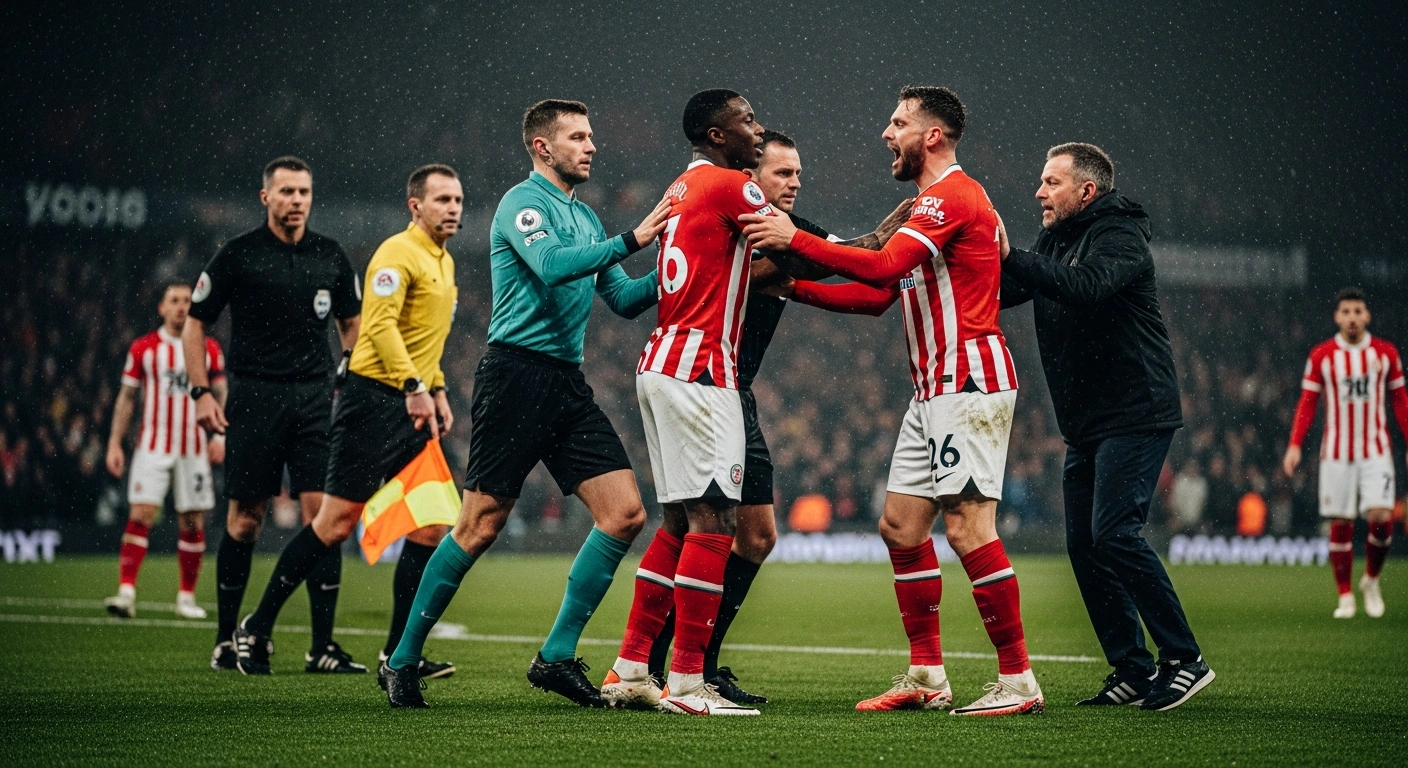 Professional football players from Wolfsburg and Hamburger SV engage in an on-field altercation as match officials attempt to restore order after the final whistle.