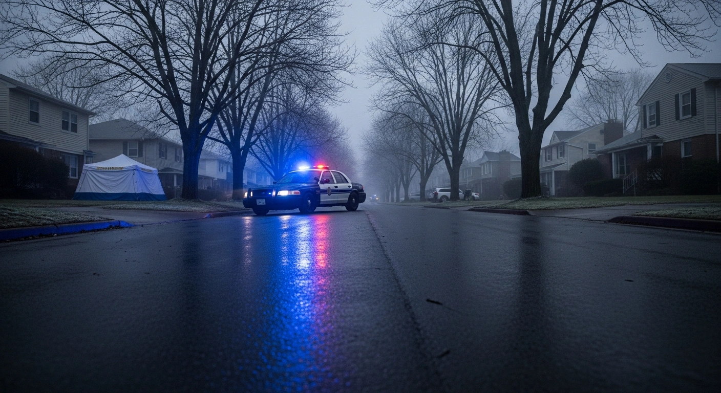 A somber, rain-slicked residential street in Wolverhampton, West Midlands, on Christmas Day morning, with a police cruiser's blue lights reflecting on the wet asphalt, marking the scene of a fatal stabbing under police investigation.